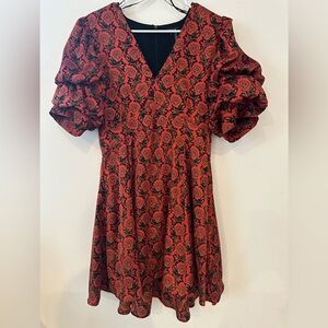 1. State. Short Puffed Sleeve V-Neck Satin Mini Dress. Size: Large